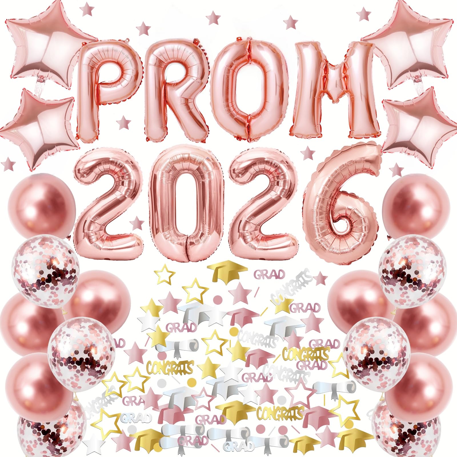 Prom 2026 Decorations Pink Balloon Set, Foil Letter Balloons Banner, Latex Balloons & Confetti, for Class of 2026, Prom Night, Graduation Party Decor, High School College Leavers Celebrations