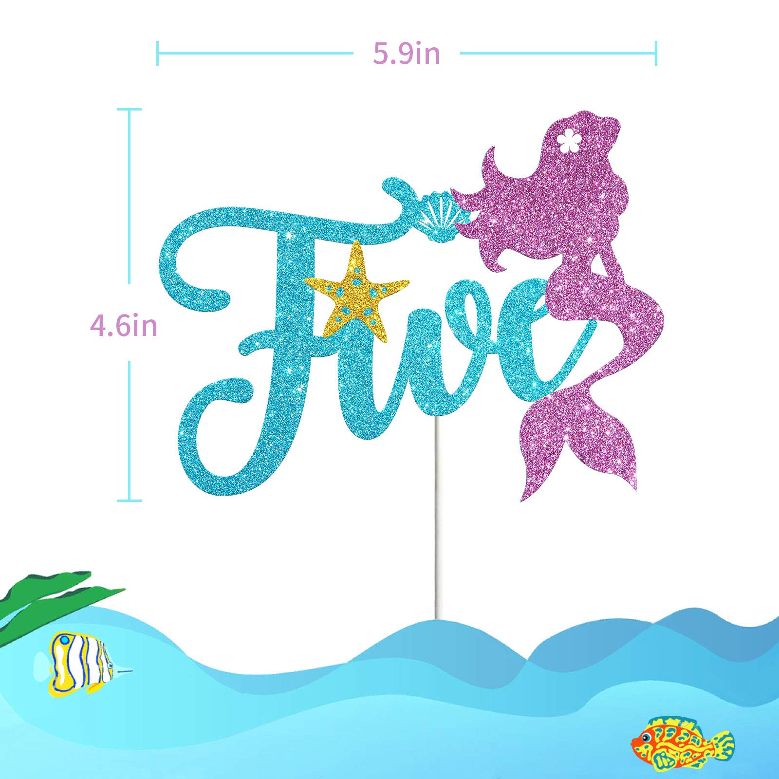WeBenison Mermaid 5th Birthday Cake Topper - Under The Sea Theme With Octopus & Number 5 - View #3