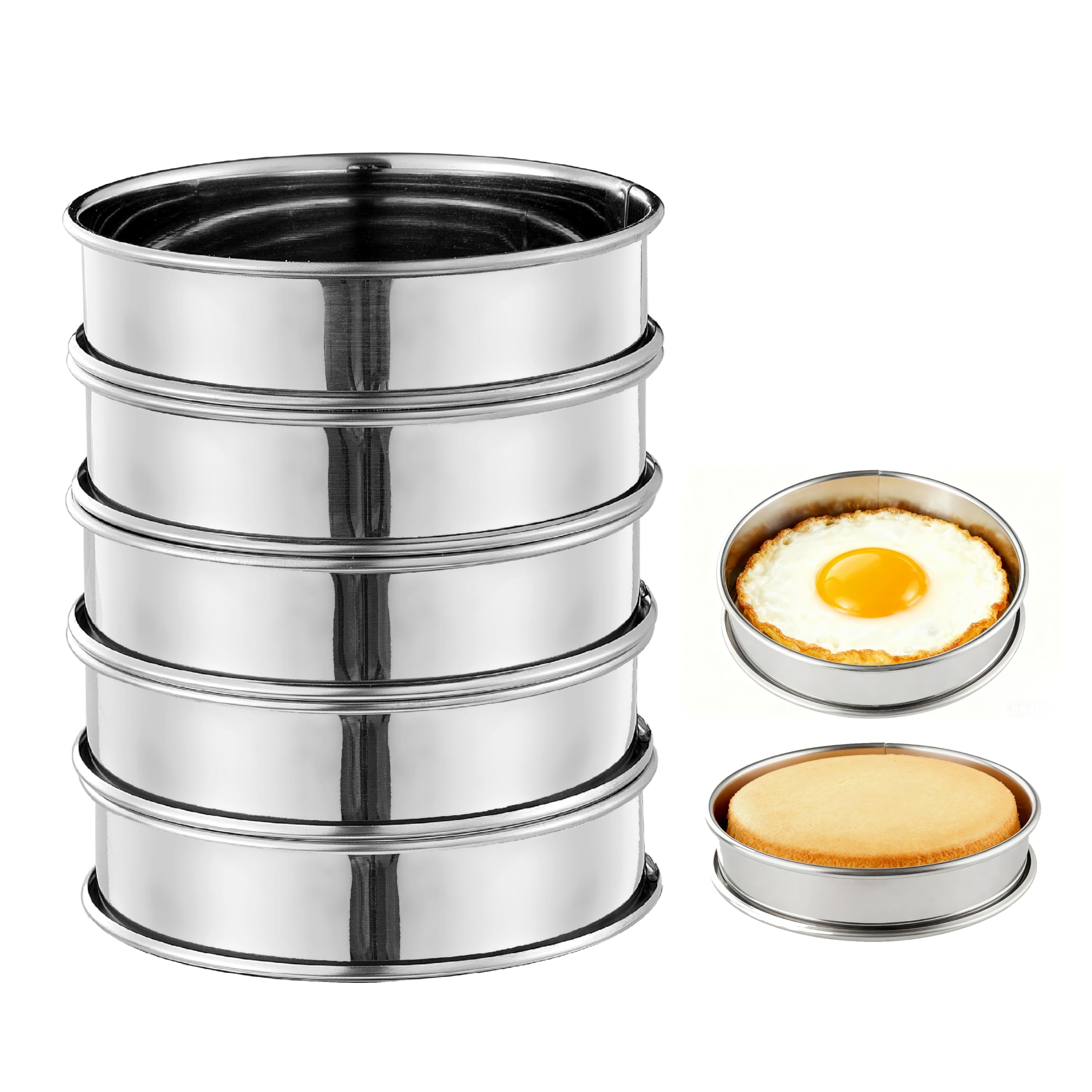 5PCS Crumpet Rings, 4" Stainless Steel Egg Rings for English Muffin, Tart, Cookie, Frying Egg, Double Rolled Round Cake Mold