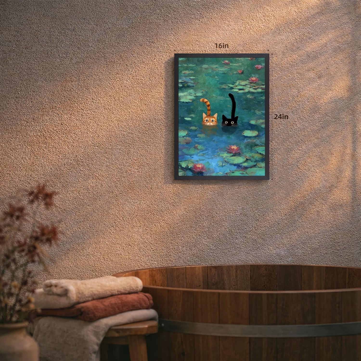EisEver Wood Framed Funny Bathroom Wall Art, Claude Monet Water Lily Pond Wall Decor, Whimsical Black and Orange Cat Poster Print, Cute Animal Artwork for Living Room Bedroom Bathroom 16x24 Inch