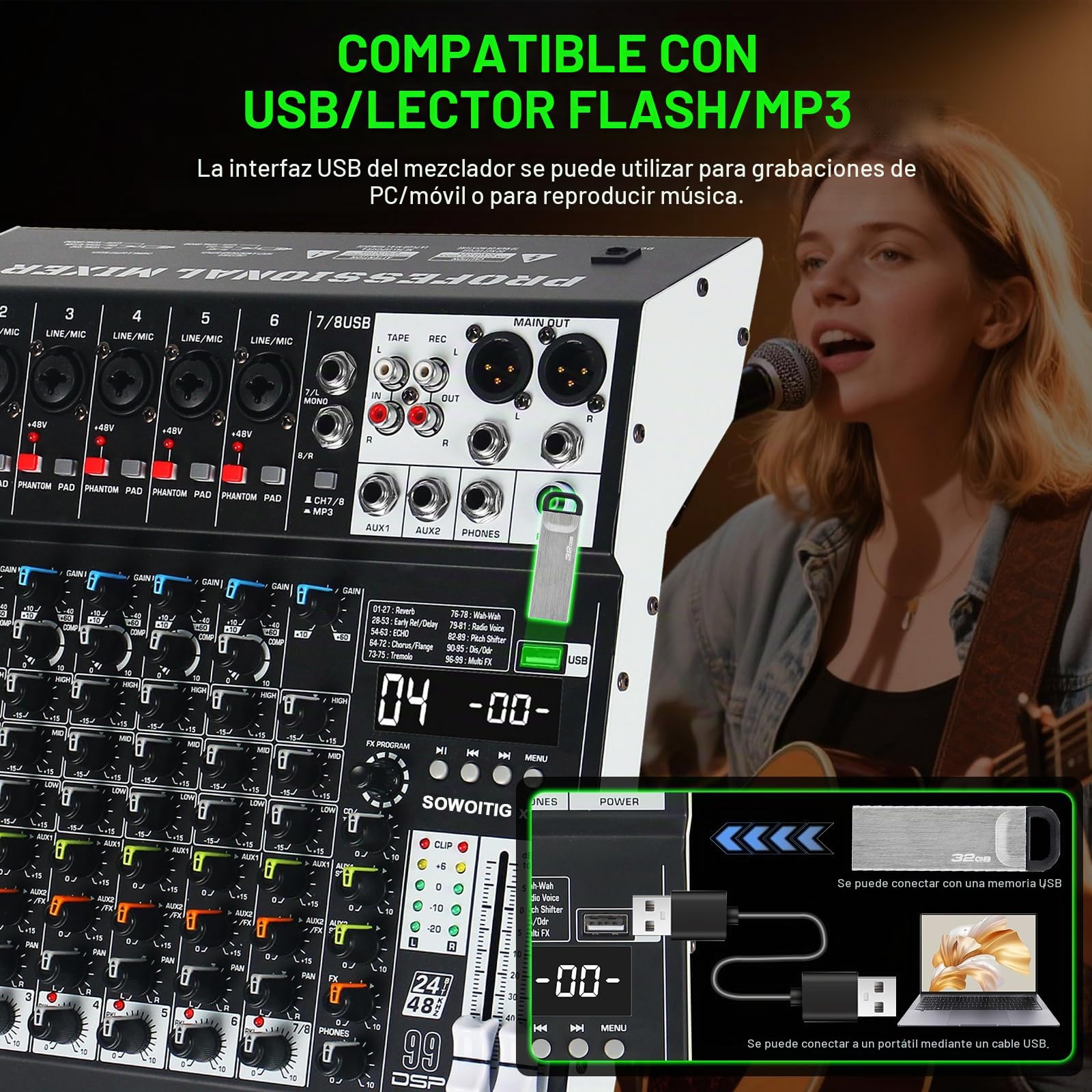 Consola mezcladora de audio de 8 canales con 99 efectos DSP, mezclador digital para DJ, mezclador profesional con USB, Bluetooth, alimentación fantasma de 48 V