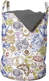 Ambesonne Tea Party Laundry Bag, Waffles Pancakes with Blueberries Pretzel English Breakfast, Hamper Basket with Handles Drawstring Closure for Laundromats, 13" x 19", Violet Blue Khaki