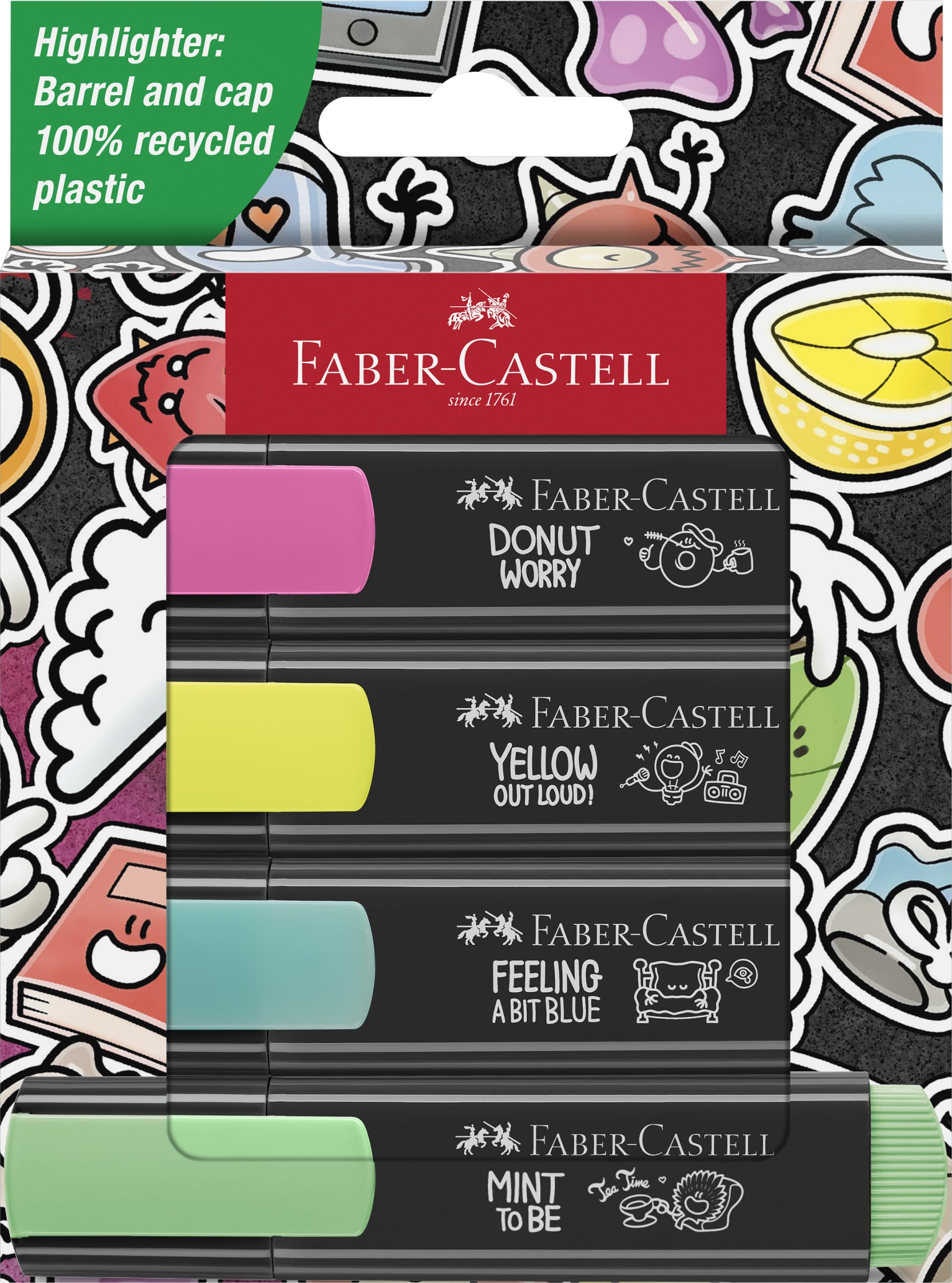 Faber-​Castell 254690 Set di 4 Evidenziatori Neon Graffiti, Punta a Scalpello di Precisione, Set Evidenziatori Fluorescenti Graffiti, Design Ergonomico Piatto
