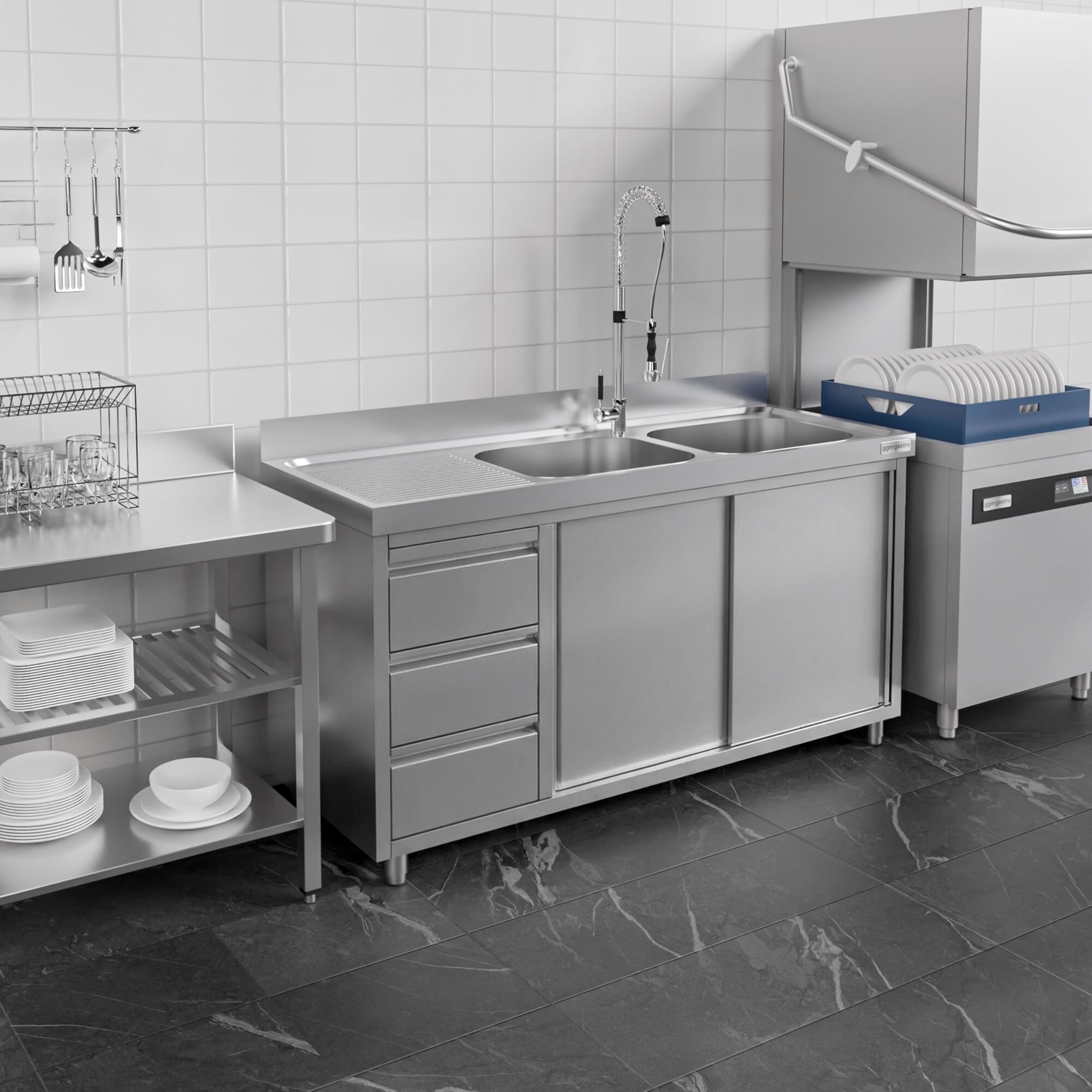 GGM Gastro | SSAAK146BR2S#ST3K46 | Spülschrank PREMIUM - 1400x600mm - mit 3 Schubladen & 2 Becken rechts