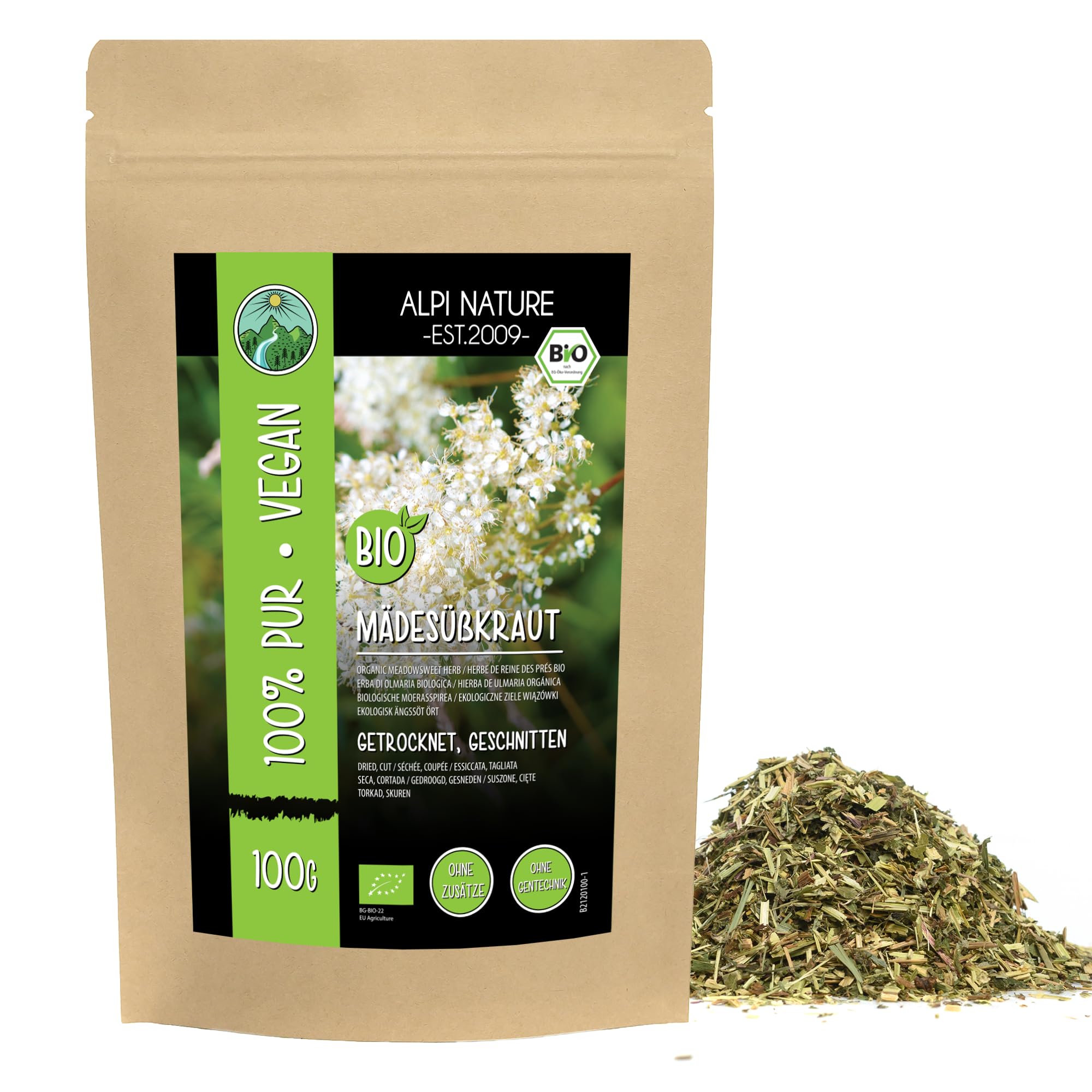 Alpi NatureOrganic Meadowsweet Tea 100g 3.5 oz, Dried and Cut Meadowsweet Herb, Loose Leaf TeaEU Organic