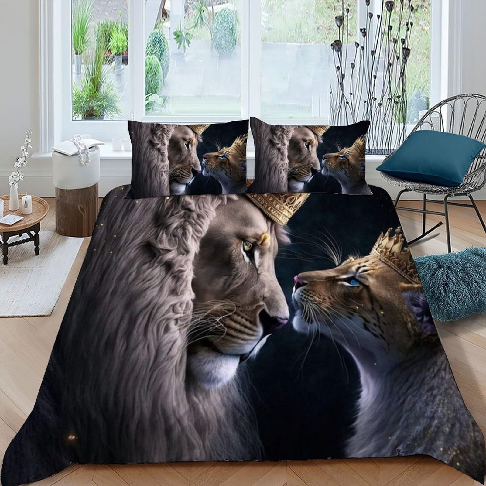 Parure de couette lion 220x240 cm en microfibre avec 2 taies d'oreiller pour lit double