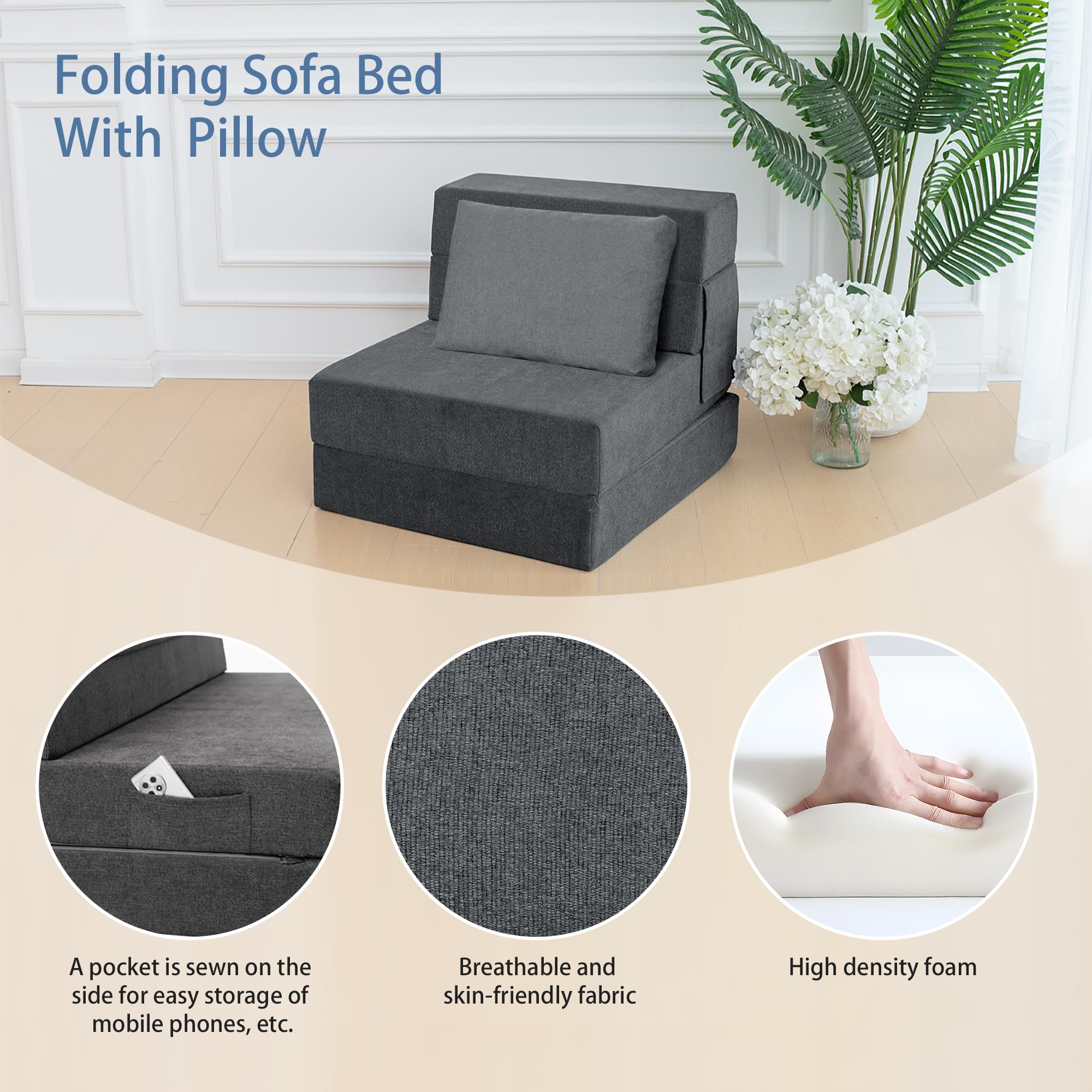 Sofá cama plegable con almohada, silla plegable convertible para cama, colchón de espuma para el suelo, sofá cama plegable para sala de estar, dormitorio, invitados, oficina (gris, 2