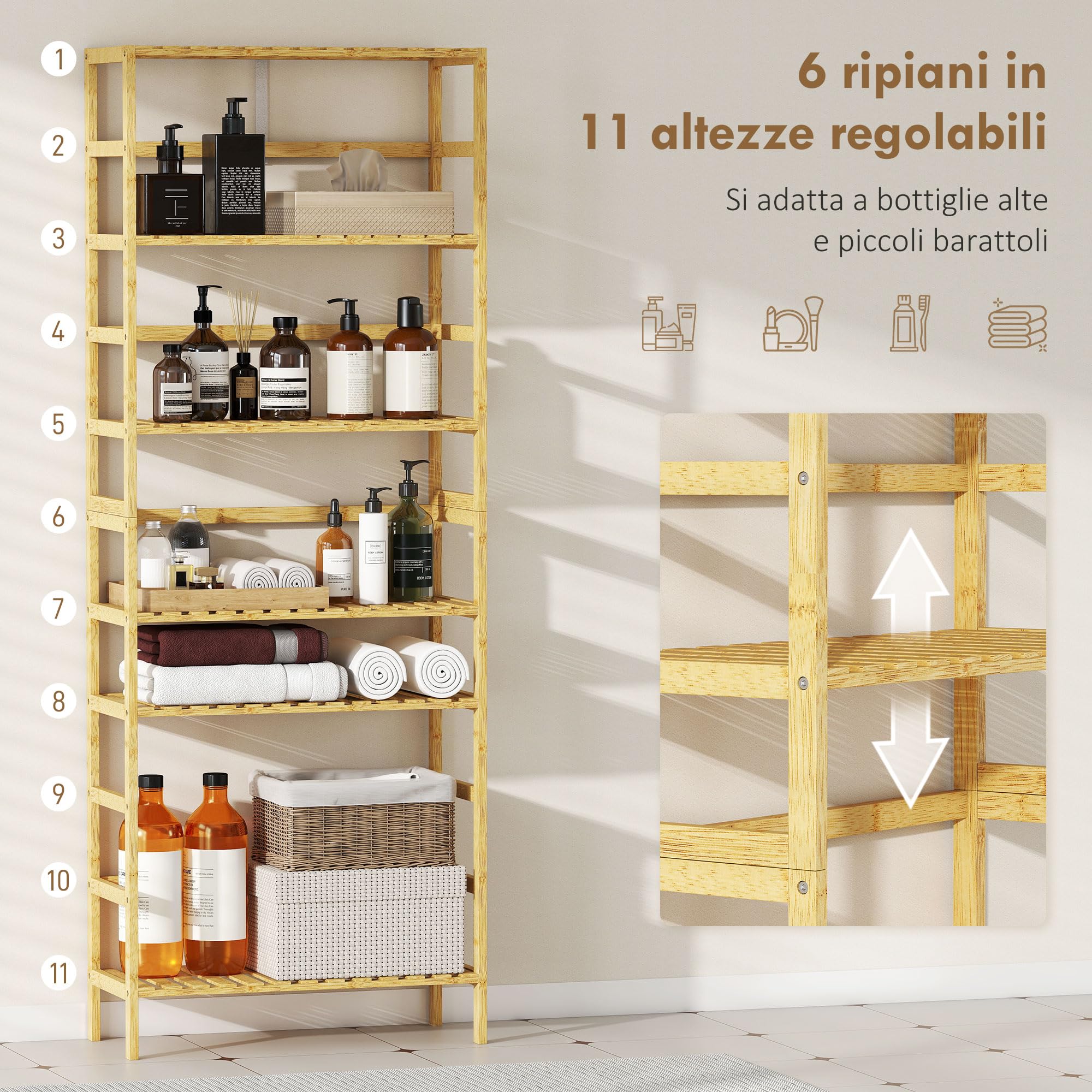HOMCOM Scaffale Portaoggetti in Bambù a 6 Ripiani, Libreria Scaffale Moderno con Ripiani Regolabili, per Bagno, Soggiorno, Camera da Letto, Studio e Ufficio, Legno Naturale