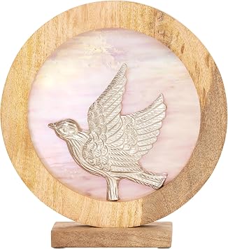 RIVER OF GOODS Fancy Bird 14" Round Decorative Stained Glass Mango Wood Stand, Pink