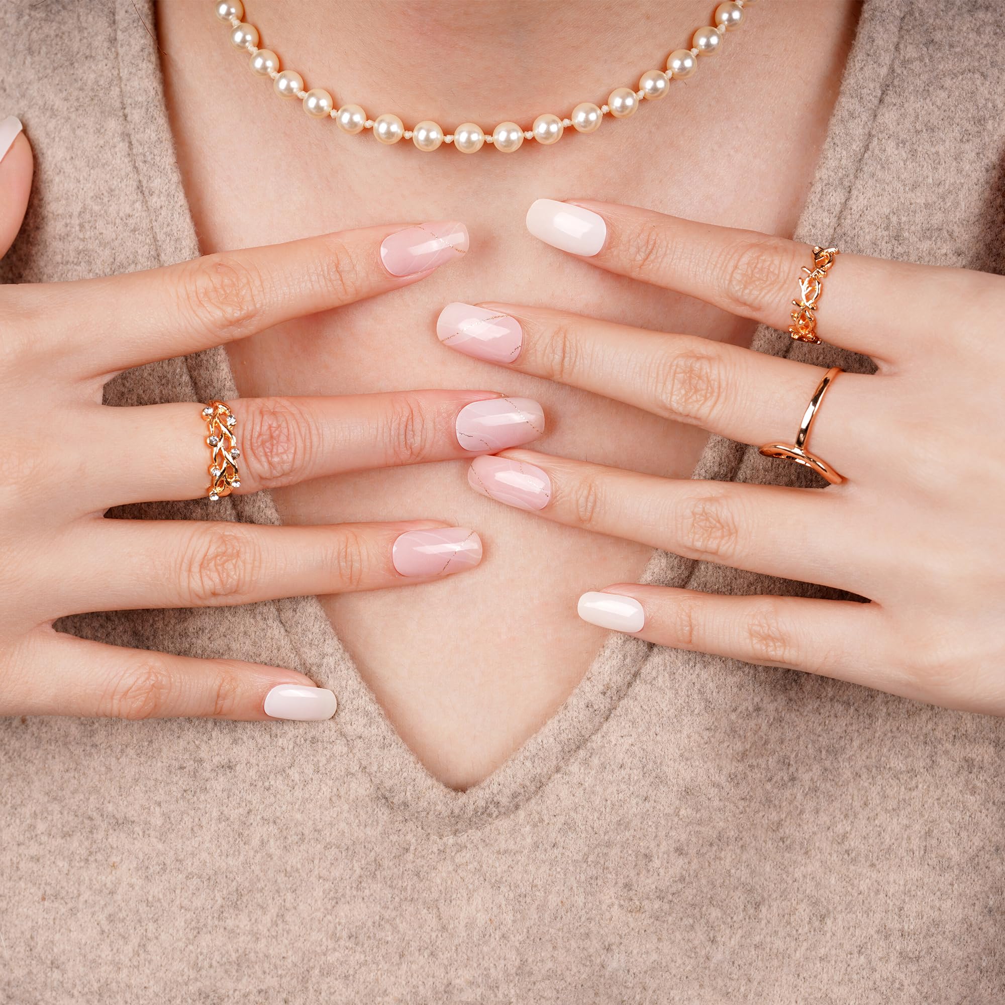 DANNI & TONI Semi Cured Gel Nail Strips Minimalist (Cherished Elegance) Nude and White Gel Nail Stickers Line Gift for Woman 28 Stickers