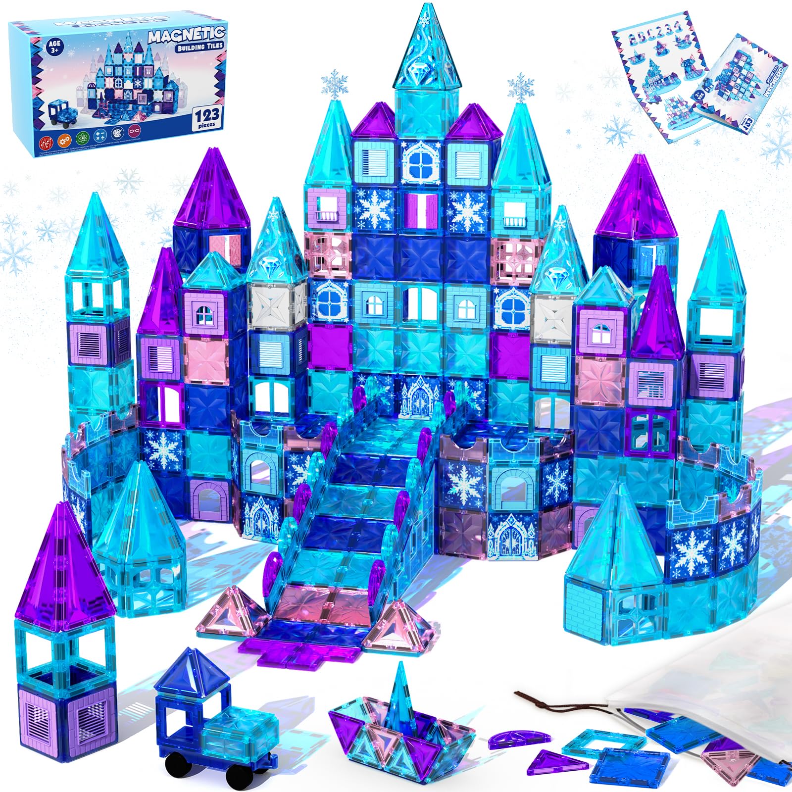 Magneverse Magnetbausteine Kinder 123 Teile, Magnetische Bausteine Schloss, Magnetspielzeug STEM Konstruktionsspielzeug Lernspielzeug für Jungen Mädchen ab 3 Jahren, Geschenk