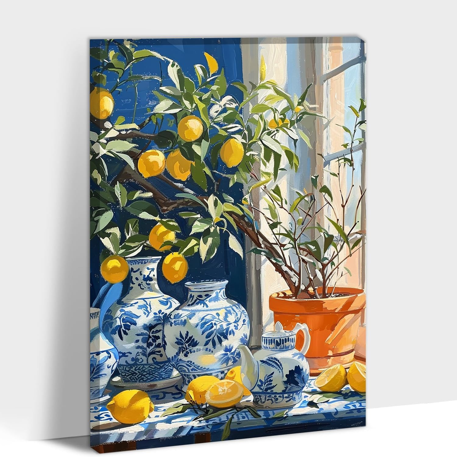 Lemon Wall Art, Vintage Yellow Lemon Canvas Prints for Kitchen Wall Decor, Framed Rustic Flowers In Vase Posters, French Country Farmhouse Landspace Still Life for Living Room Artwork 18x24 Inches