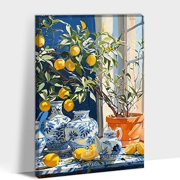 Hzddty Lemon Wall Art Canvas Print, Vintage Citrus Fruit and Blue Porcelain Still Life Painting Artwork, Rustic Kitchen Decor Pictures for Dining Room Home 18x24 inches