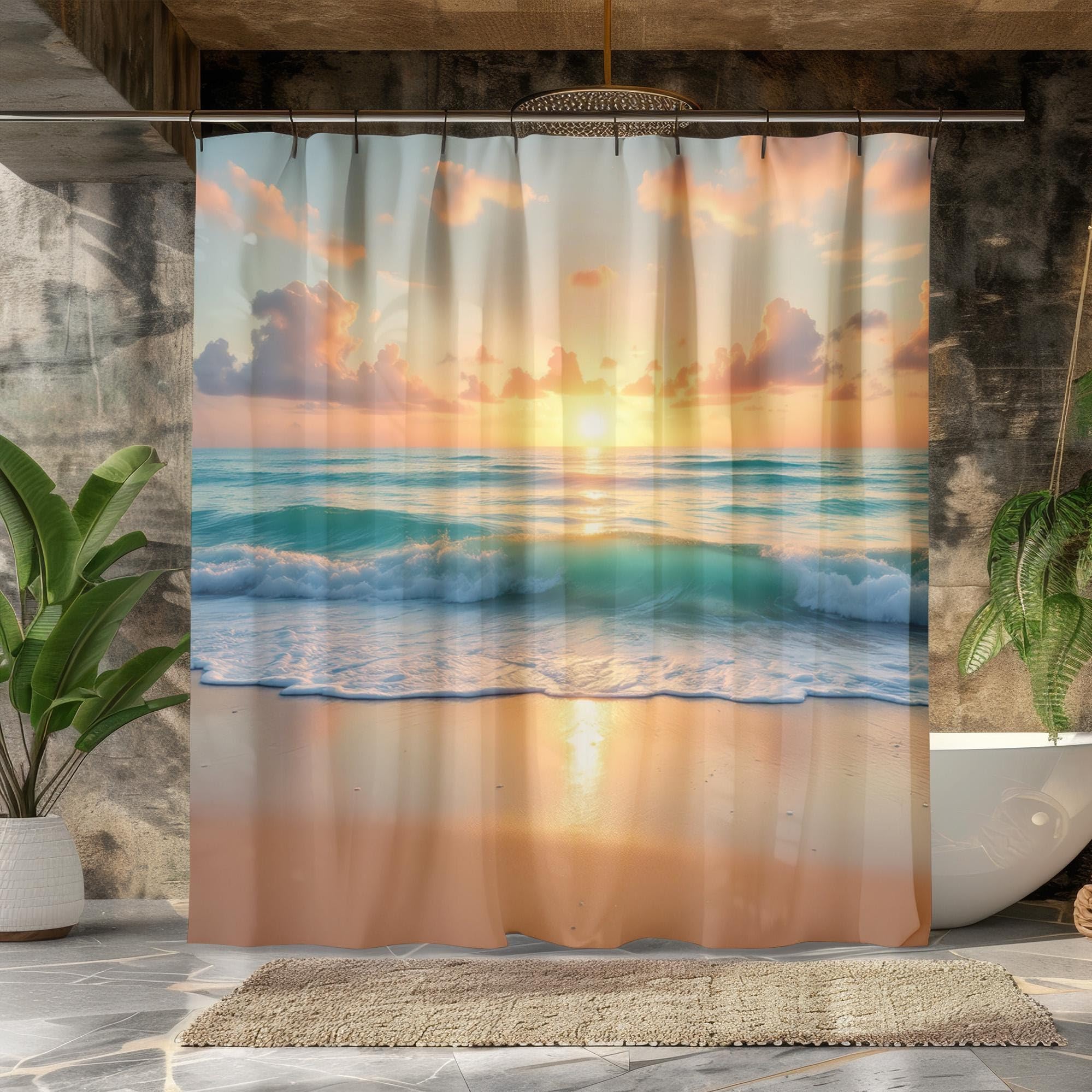 Duschvorhang „Strand-Sonnenuntergang“: Landschaftsmotive, ruhige Badezimmerdekoration im Küstenstil, Badewannenvorhang, maschinenwaschbar (240 x 200 cm / 94 x 79 Zoll (B x H))