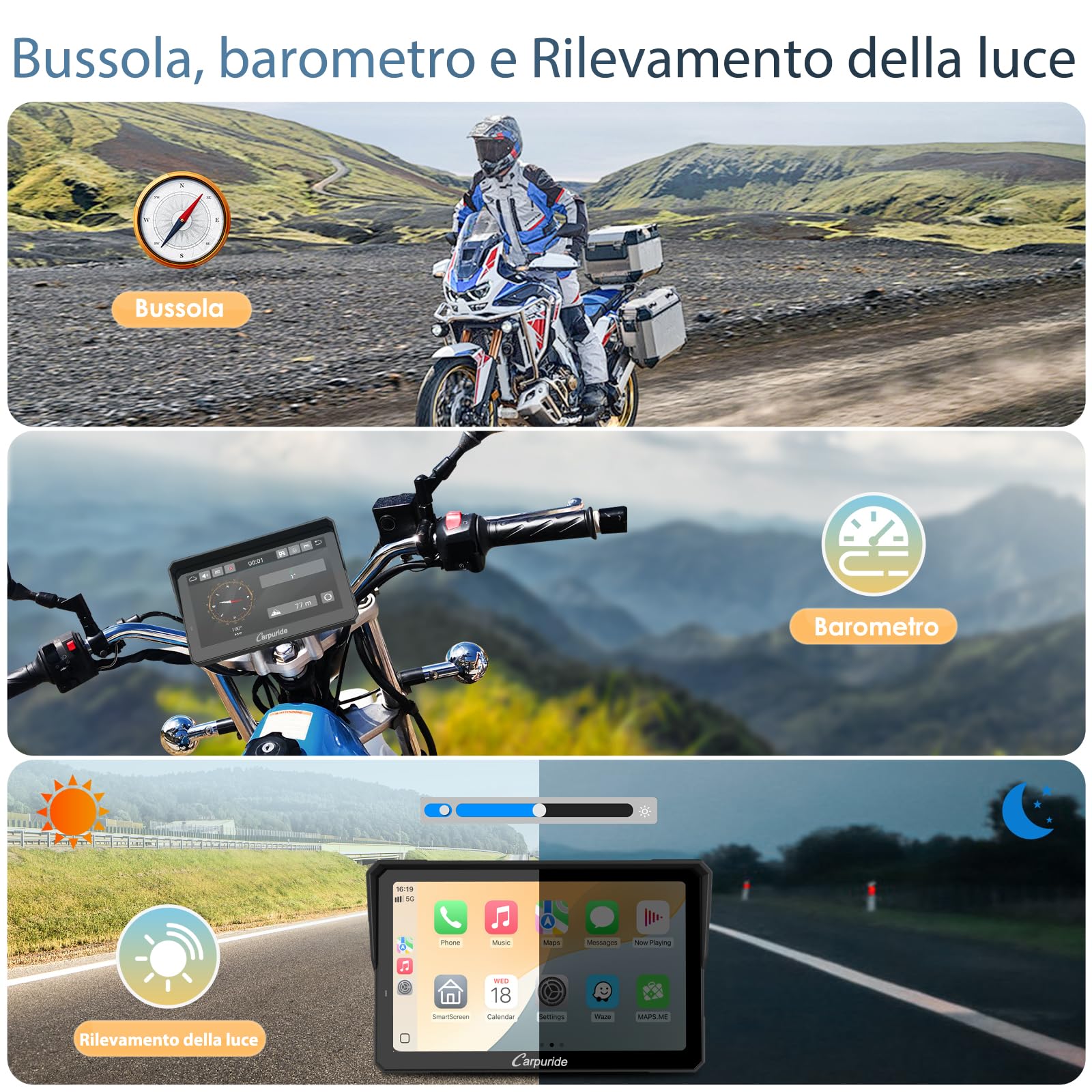 Carpuride W702T Pro Moto Carplay Schermo con TPMS Sistema, Senza Fili CarPlay e Android Auto, Portatile 7" Impermeabile Tattile Schermo, Doppio Bluetooth, Interfono Funzione, Navi, Bussola, Barometro.