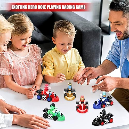 Miniatura 5 de 6 unidades de Super Hero Pull Back Cars Cars Cars de juguete con figura de acción, juego de vehículos de superhéroe para niños, juego de carreras de