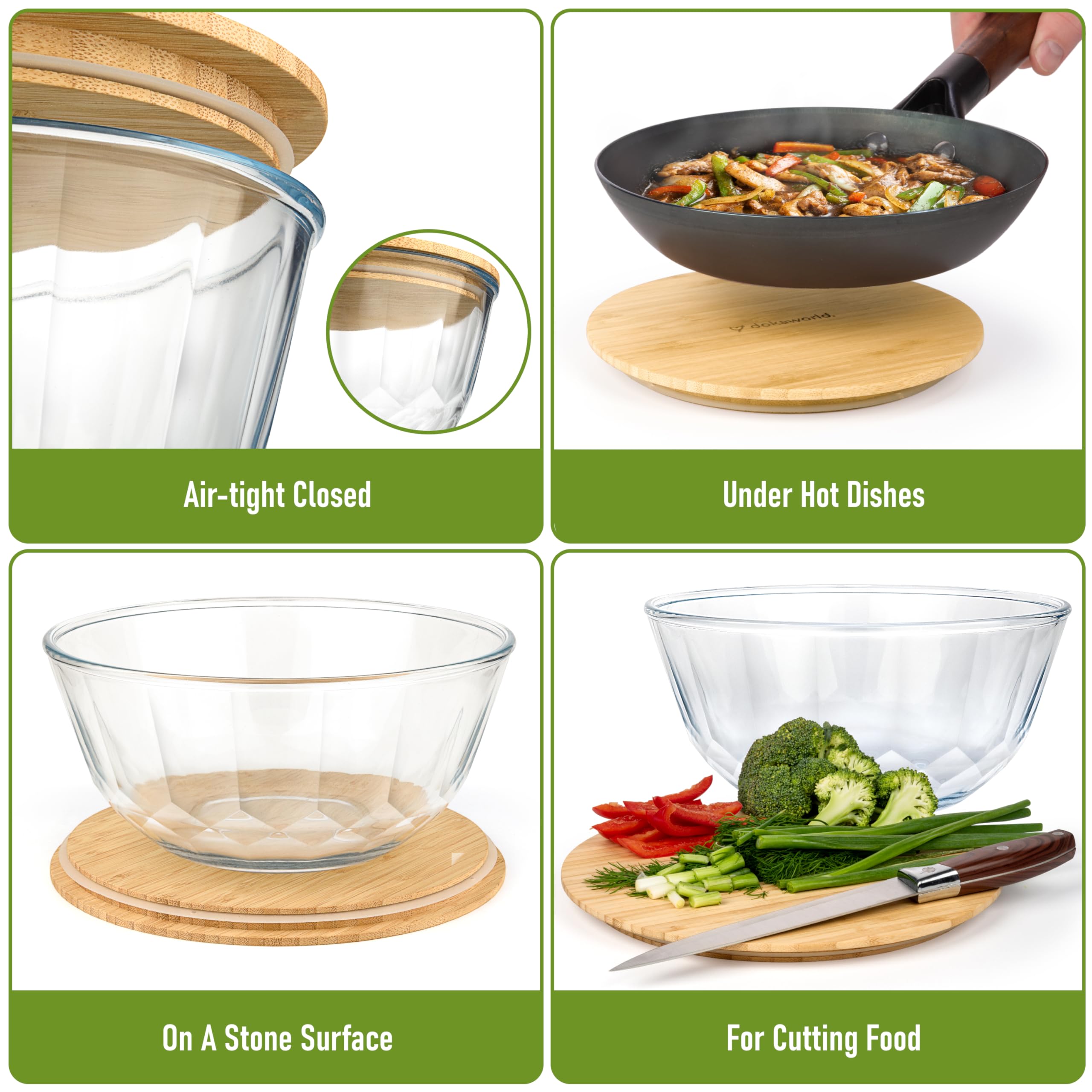 Stapelbares, platzsparendes Set mit 5 stapelbaren Glasschalen mit Bambusdeckeln für Lebensmittelzubereitung, Aufbewahrung, Backen, Mischen und Kochen, mikrowellen- und ofenfest, BPA-frei