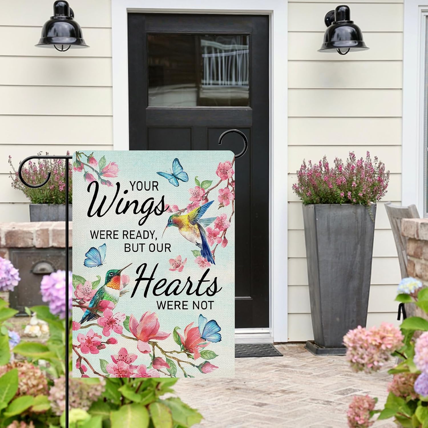 Dyrenson Memorial Hummingbirds Cherry Blossom Decorative Garden Flag, Your Wings Were Ready But Our Hearts Were Not Yard Outside Home Decoration, Spring Summer Outdoor Small Decor Double Sided 12 x 18 - Image 6