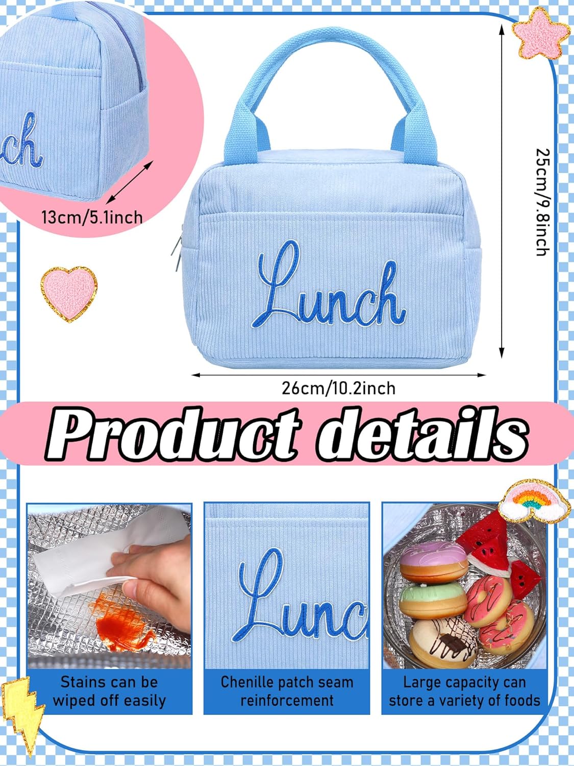 Corduroy School Backpack Set Preppy Book Backpack and Lunch Bag with Crochet Flower for Girl Back to School Gift(Blue) - Image 3