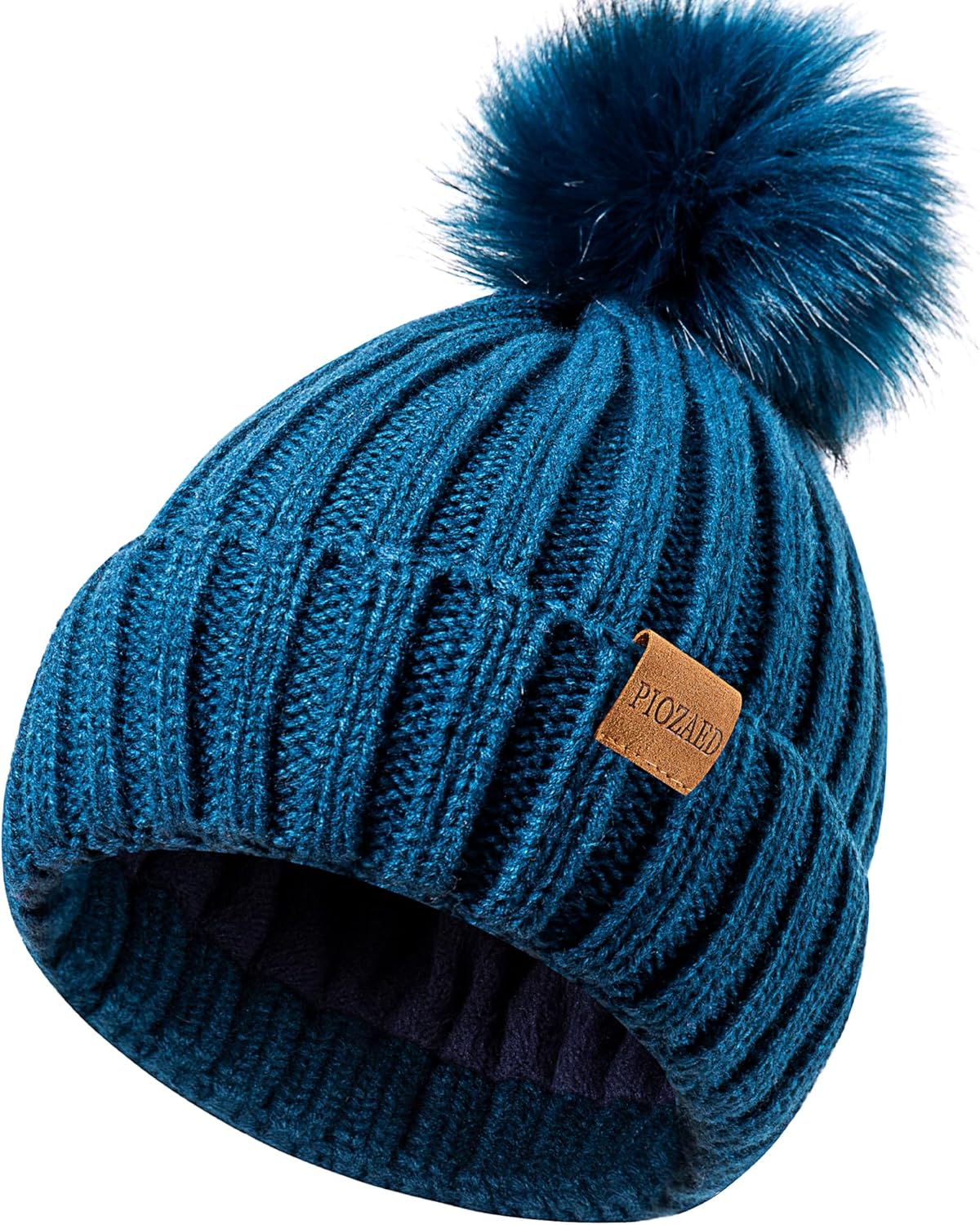 Womens Winter Beanie Hat Fleece Lined Warm Skull Cap with Faux Fur Pom Cuff Knitted Hat for Women - Image 2