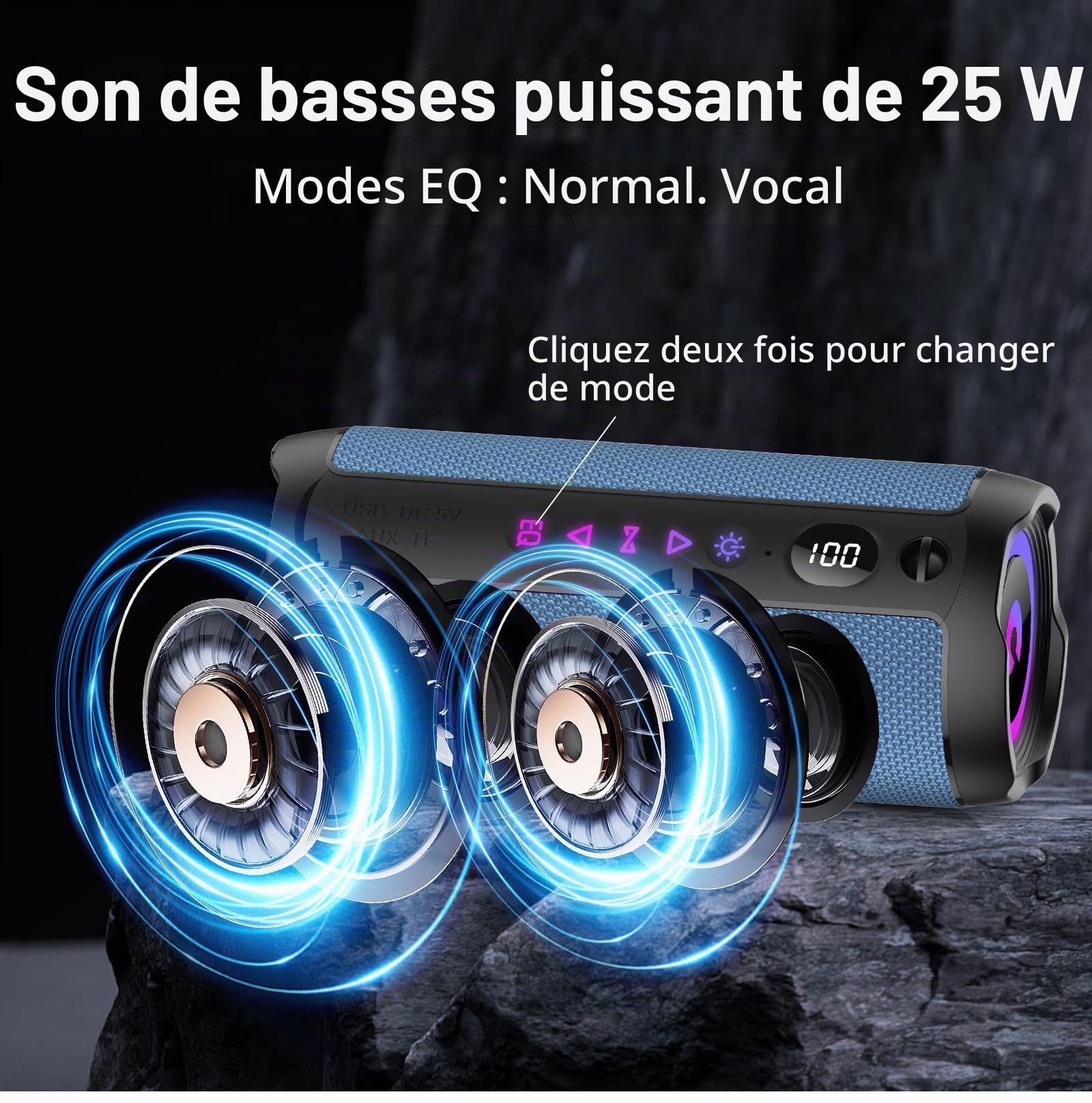 Enceinte Bluetooth Puissante 5.4 sans Fil avec Bass Puissantes, Haut-Parleur Portable 25W, LED Écran, Autonomie 25H,Son Surround à 360 degrés,Appairage TWS,AUX,TF Carte,pour l'extérieur/La Fête/Voyage