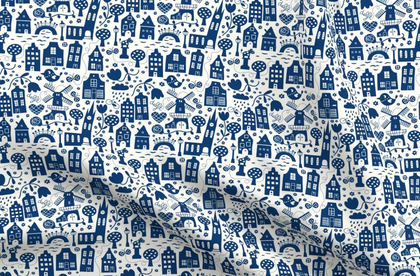 Spoonflower Fabric - Delft Dutch Windmill Blue Folk Art Travel City Old Printed on Polartec(R) Fleece Fabric by The Yard - Sewing Blankets Loungewear and No-Sew Projects