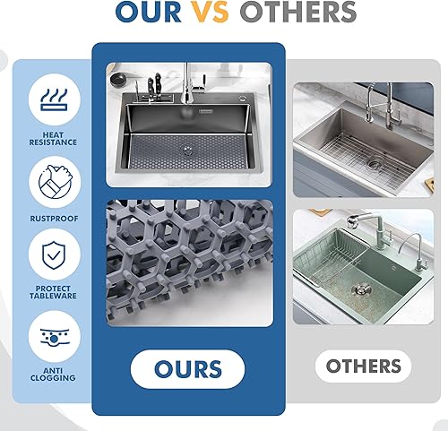 Miniatura 65 de Paquete de 2 tapetes de silicona para fregadero de 13.58 x 11.6 pulgadas, protectores para fregadero de cocina con drenaje central, rejilla Gris