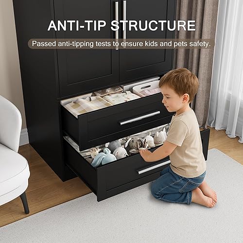 Miniatura 6 de Armario con 2 puertas y 2 cajones, armario de almacenamiento independiente con estantes, armario alto de almacenamiento de ropa adecuado para