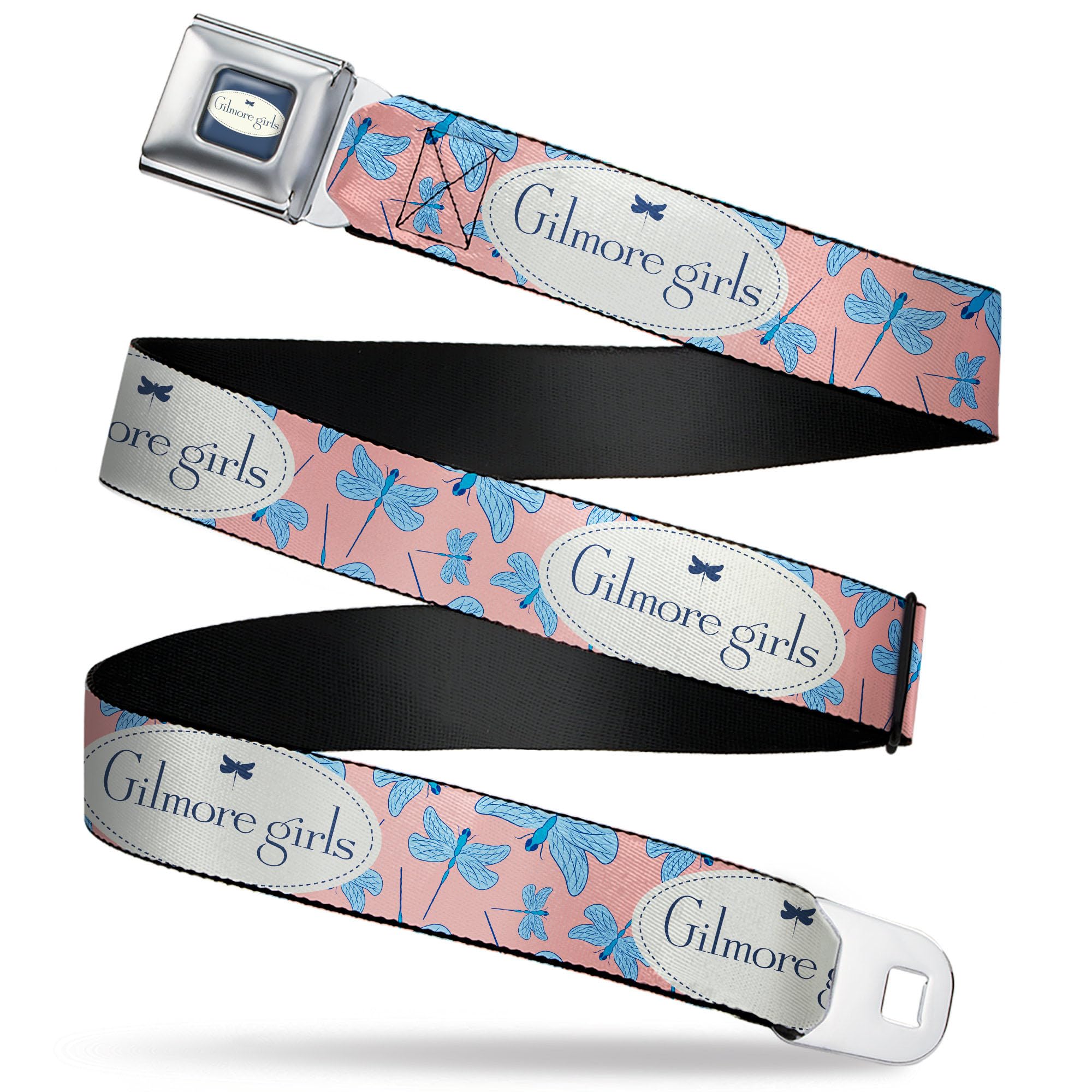 Warner Bros. Belt, Seatbelt Buckle Belt, Gilmore Girls Title Logo and Dragon Flies Pink White Blues, Youth 20 to 36 Inches