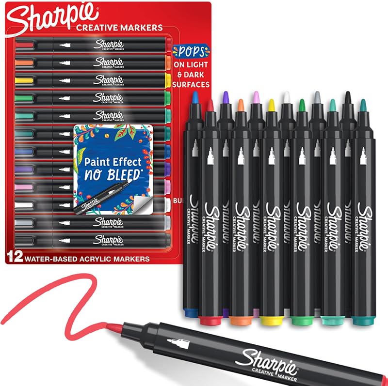 Sharpie Creative Markers, Water-Based Acrylic, Bullet Tip, Assorted Colors, 12 Count – Arts & Crafts, Kids Activity, School Classroom; Works on Paper, Metal, Wood, Ceramic, Glass, Rock, Canvas