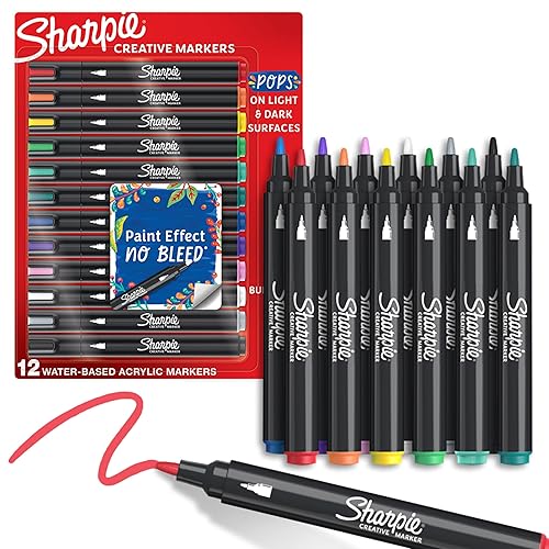 Sharpie Creative Markers, Water-Based Acrylic, Bullet Tip, Assorted Colors, 12 Count – Arts & Crafts, Kids Activity, School Classroom; Works on Paper, Metal, Wood, Ceramic, Glass, Rock, Canvas - 12 Count - Bullet Tip