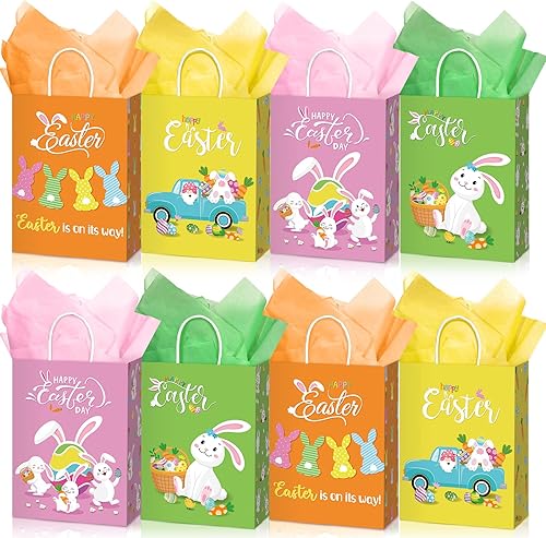 24 bolsas de regalo de Pascua con asas, papel de seda para niños, bolsas de regalo de conejito de papel para dulces, bolsas de caza de huevos de