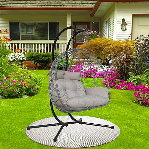 Miniatura 6 de Silla doble con soporte para patio con cojín para exteriores, impermeable, colgante, cesta de ratán de mimbre (color gris doble)