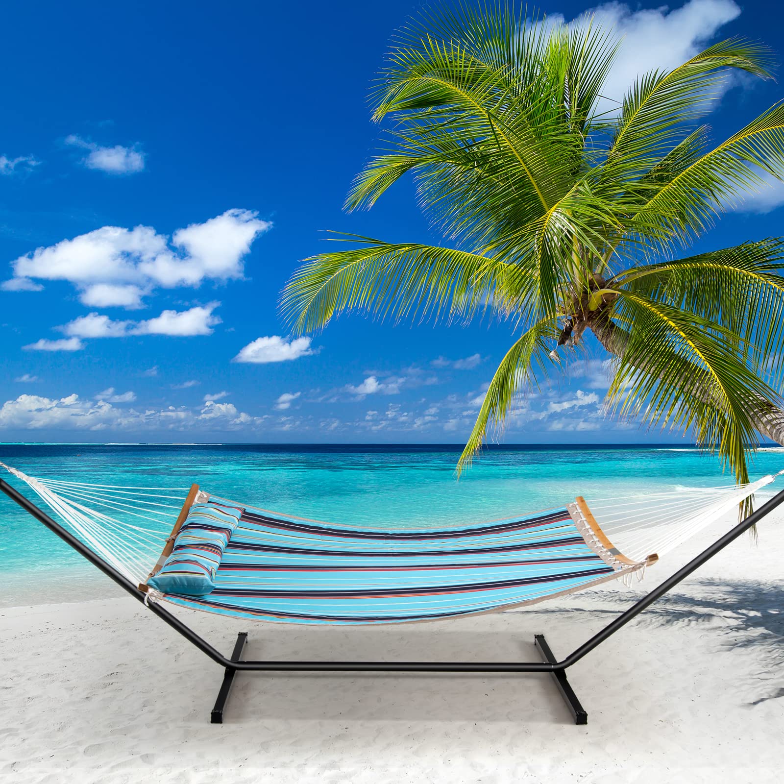 COSTWAY Hamaca Resistente, Hamaca de Exterior con Almohada Desmontable, Barra Separadora en Bambú Curvado, Hamaca Portátil para Patio Playa Jardín 189 x 135 cm, 150 kg (Azul)
