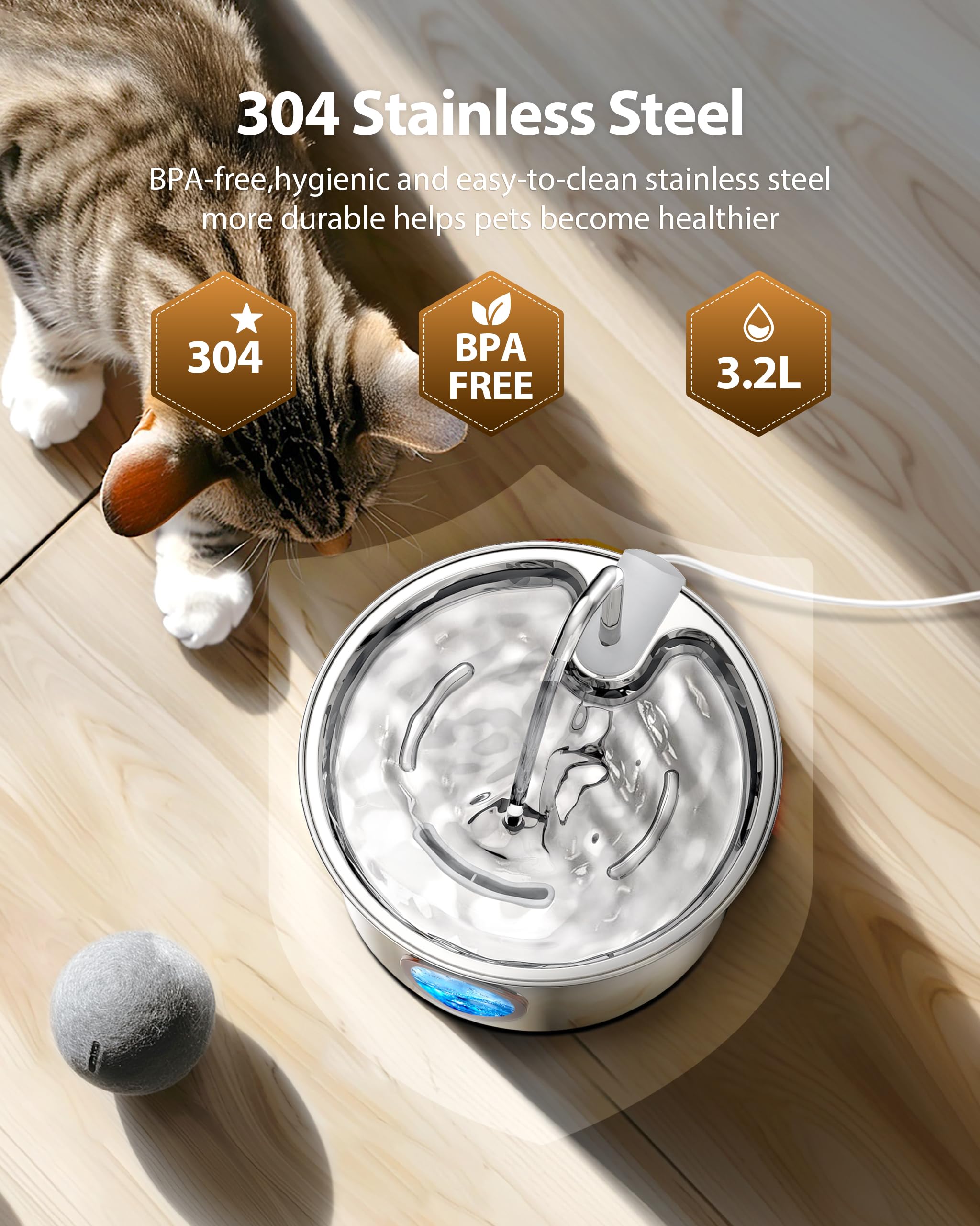 Kattenfontein voor katten: fontein voor katten en honden SUS 304 roestvrij staal – 2,2 l fontein voor katten met stille pomp en transparant venster – geschikt voor meerdere huisdieren
