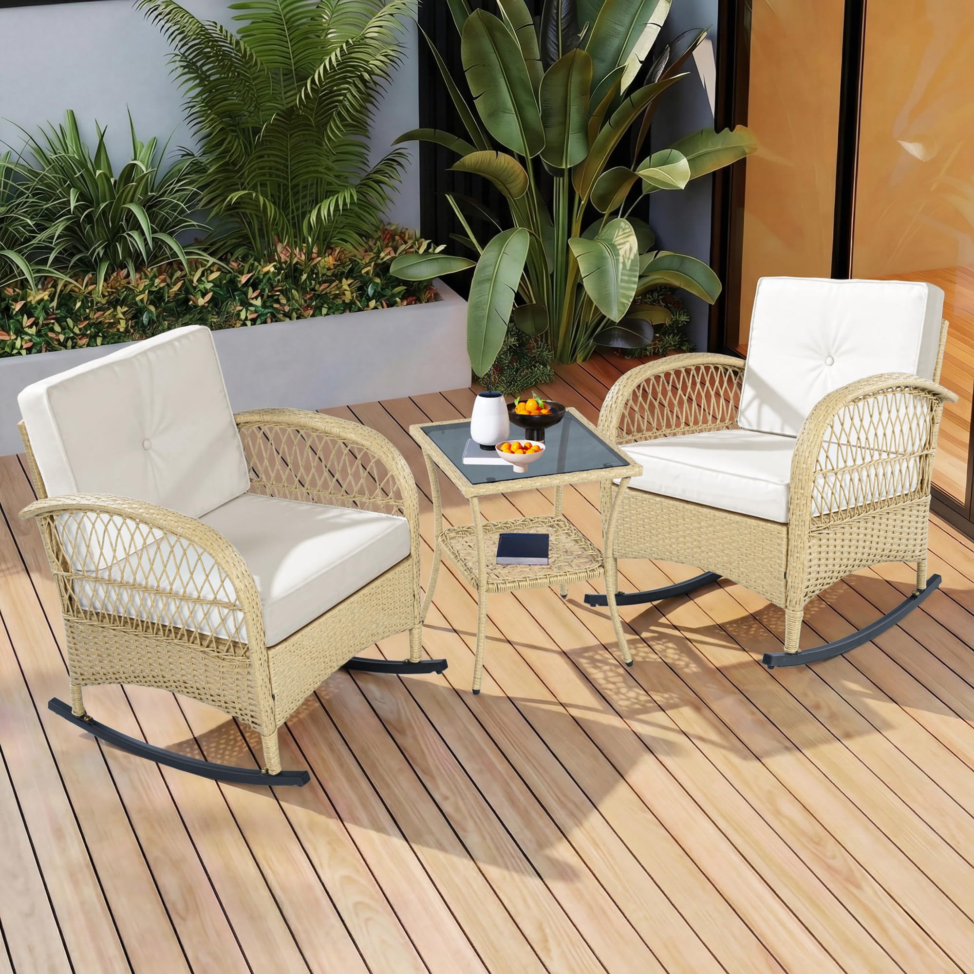 Conjunto de Jardin Exterior de Ratán para 2 Personas, 3 Piezas | Para Terraza Patio, Set Muebles Jardin con Sillones y Mesa de Centro, Mecedora con Cojines, Juego de Muebles de Jardín,Beige