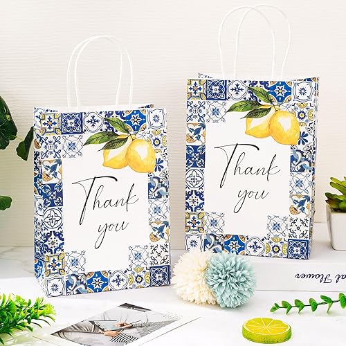 Miniatura 4 de Paquete de bolsas de regalo de agradecimiento de limón, bolsa de papel azul con asa, bolsas de dulces para celebración, boda, cumpleaños, baby