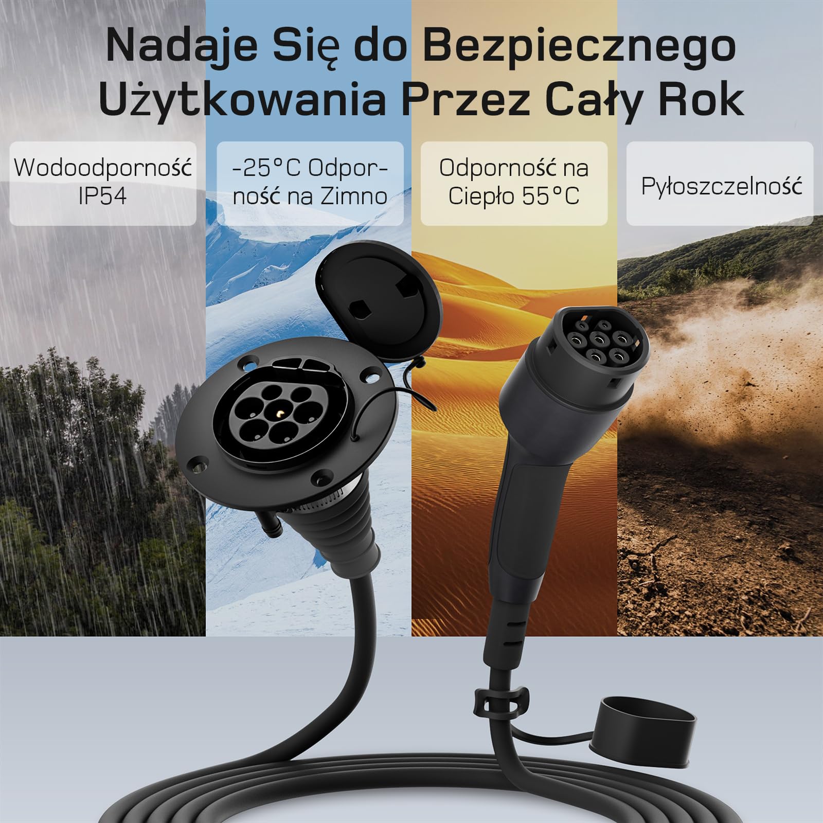Przedłużacz Ładowania Typu 2 [5 m, 11 kW, 16 A] 3-Fazowy Kabel 400 V, IP54, Kompatybilny z Pojazdami BEV i HPEV zgodnymi z IEC62196-2, z futerałem do przenoszenia.