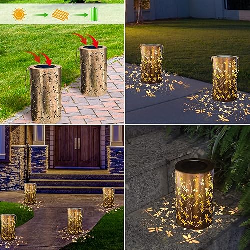 Miniatura 5 de Faroles solares impermeables para exteriores, luces solares de libélula de metal, luces solares decorativas de mesa, farol colgante solar, luces de