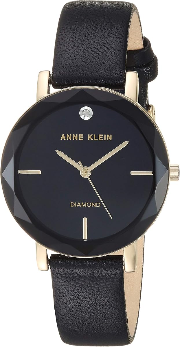 Reloj para mujer con esfera de diamantes auténticos, tono dorado y correa de cuero negro, talla única