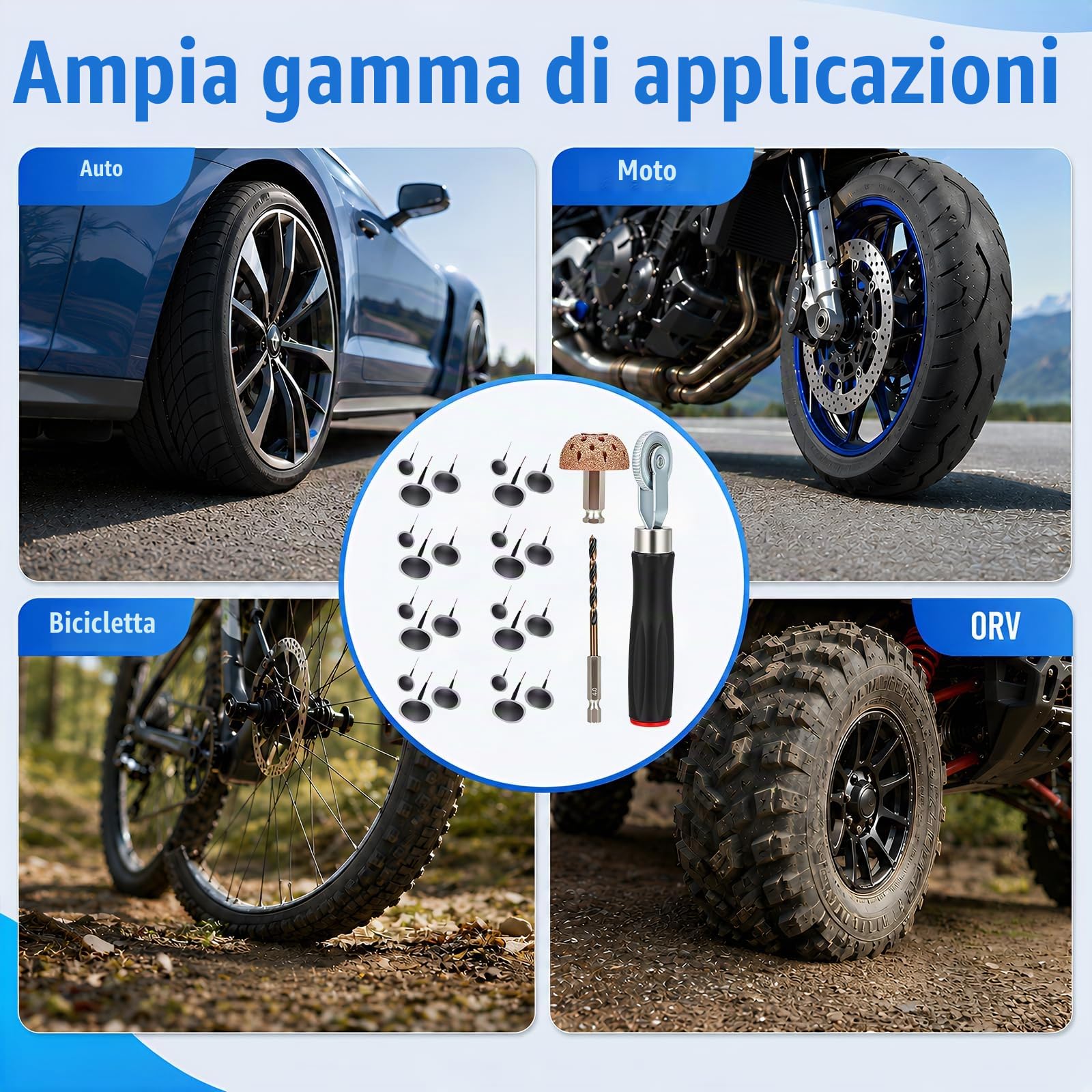 Kit di Riparazione Pneumatici, Set da 27 Pezzi per Auto Riparazione Gomme per Auto Camion Moto e Biciclette Set Multiuso di Tasselli e Toppe Tasselli a Fungo in Gomma e Strumenti di Inserimento