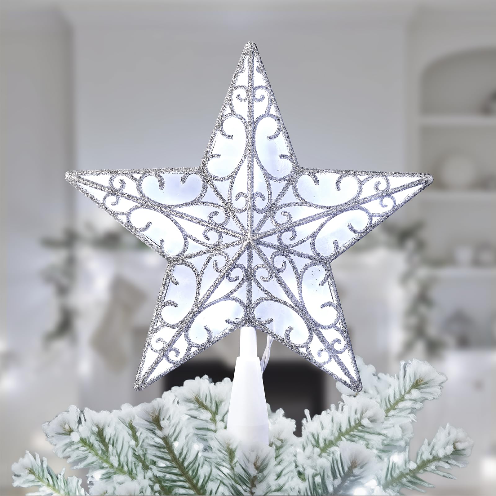 Brightown Christmas Tree Topper Star Lighted 3D Hollowed Sliver Pentagram Built-in 10 Bulbs Glitter Sparkling White Christmas Tree Star Topper Plug in Vintage Indoor Holiday Xmas Decorations Ornaments