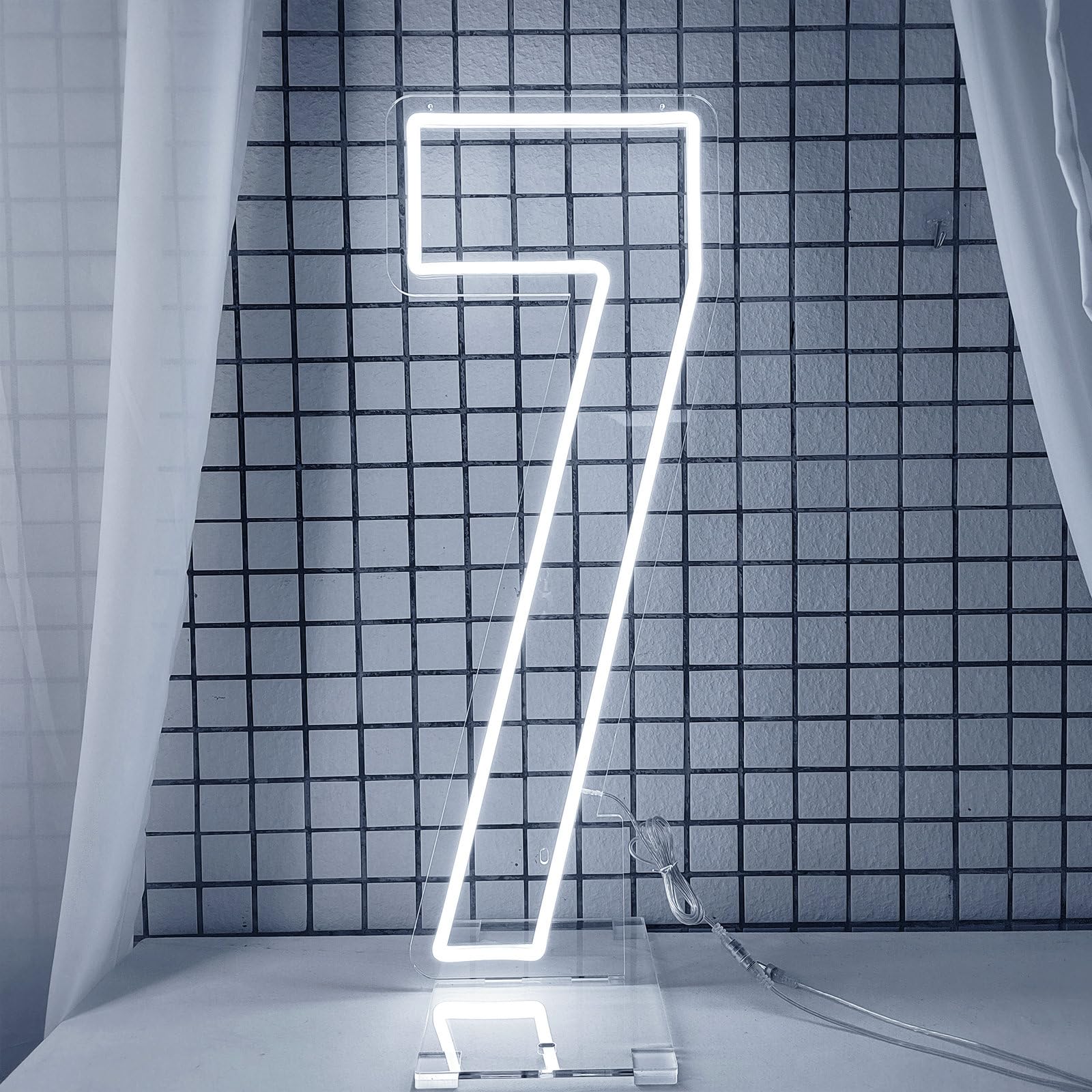 DS&DV Led Neon Number 7 Light Sign,Dimmable Neon Letters with Stand Up Base for Party Decoration (30" Cool White, Number 7)