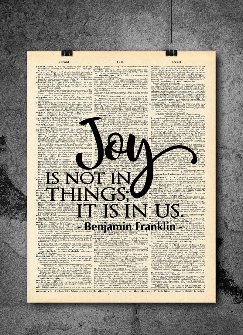 Benjamin Franklin Joy in Us Quote Dictionary Art Print - Vintage Dictionary Art Decor Home Vintage Art Abstract Prints Wall Art for Home Decor Wall Decorations - Print Only