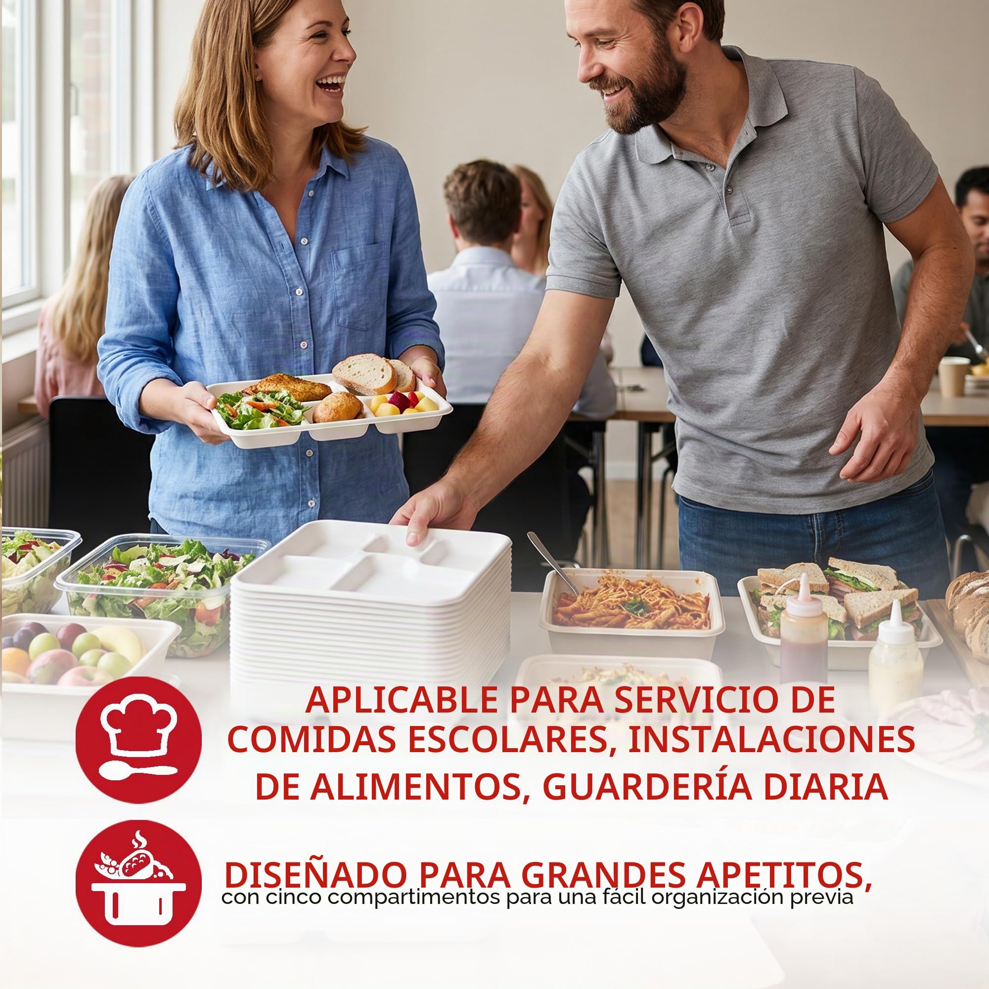 SPARGOS Platos 5 Compartimentos Desechables 100 Uds - Caña Azúcar | 100 platos con compartimentos de caña de azúcar, 21,6 x 31,5 cm, compostables, para comedor y fiestas