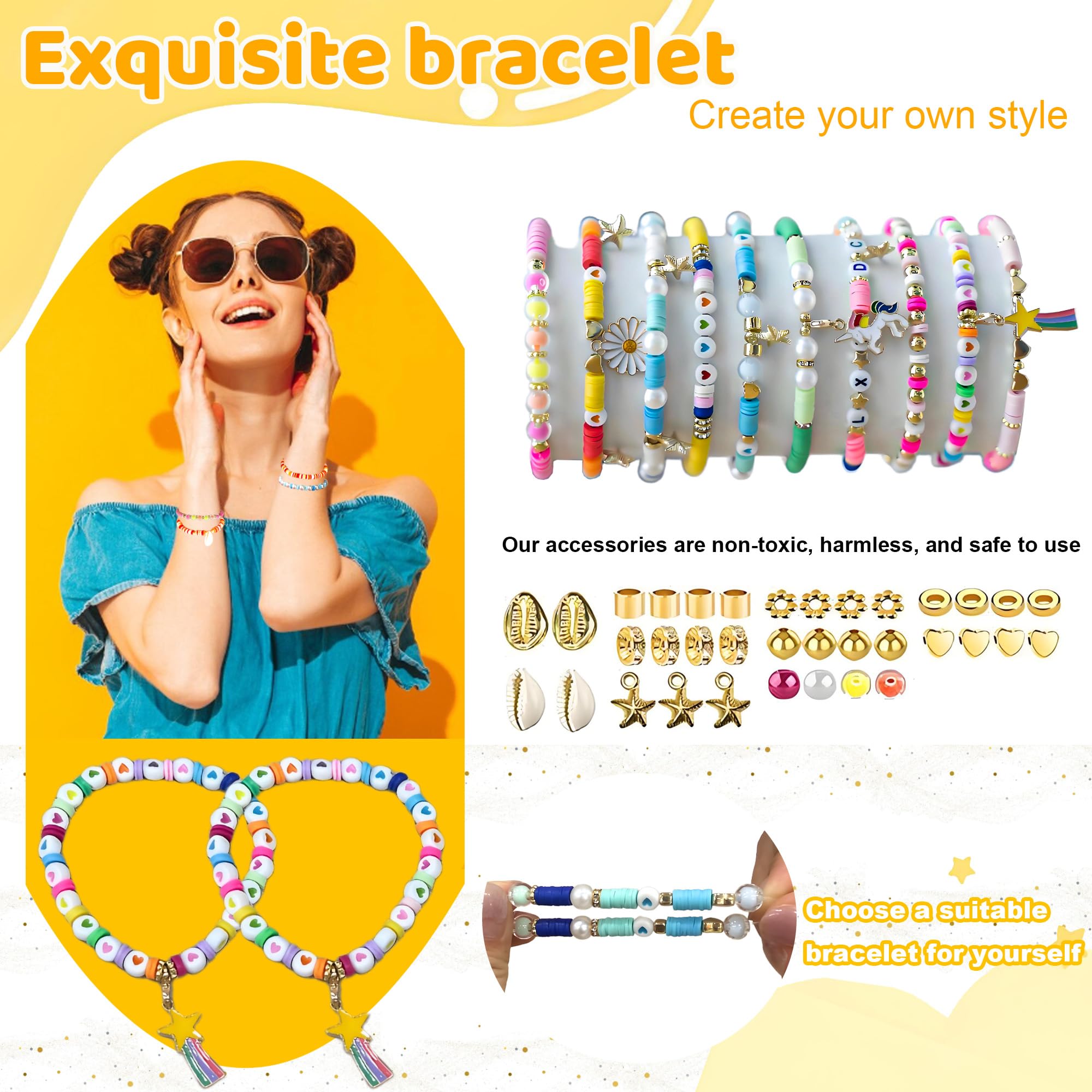 iumulinrui Kit de pulseras de la amistad, pulseras de concierto, 5200 piezas de cuentas de arcilla, kit de fabricación de pulseras tricolor, juego de joyas con colgante, regalos de manualidades