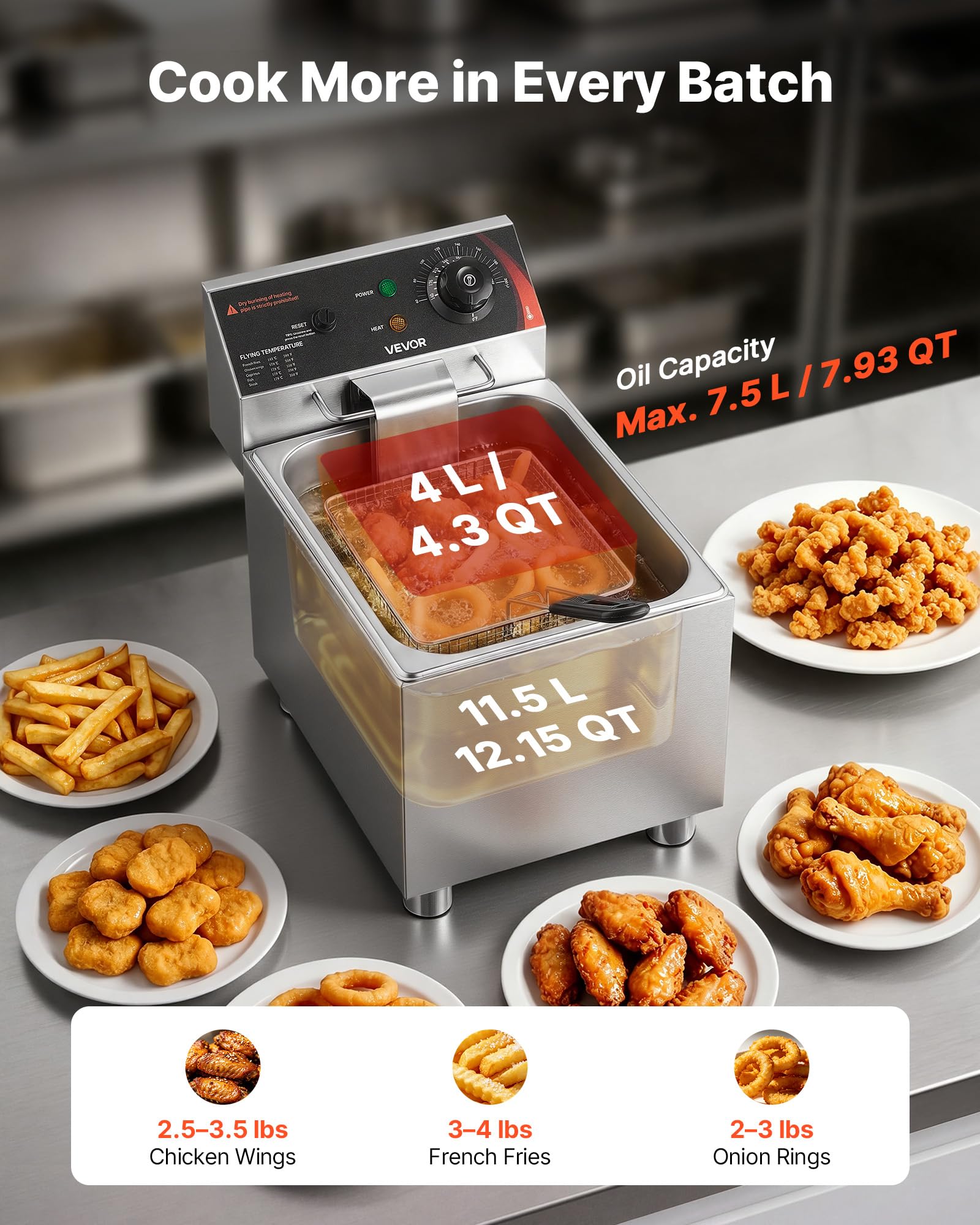 VEVOR Freidora Eléctrica Comercial 1 Tanque 7,5 L 2500 W, Freidora de Aceite de Acero Inoxidable con Cesta para Freír Tapas, Temperatura Ajustable 60-200 °C para Aros de Cebolla, Pollo, Papas Fritas