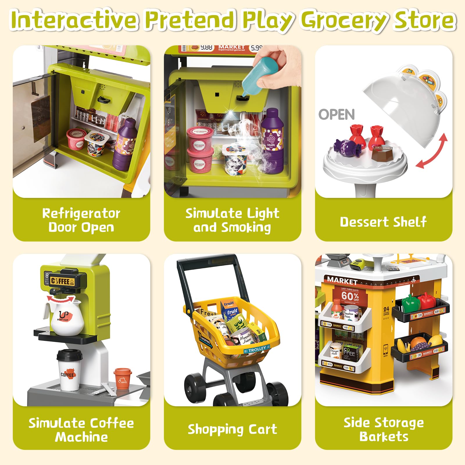 deAO Supermercato Con Carrello Della Spesa, Registratore Di Cassa, 65pcs Accessori Per Negozi, Registratore Di Cassa Con Scanner E Suono, Negozio Giocattolo Per Bambini Da 3 Anni, Compleanno