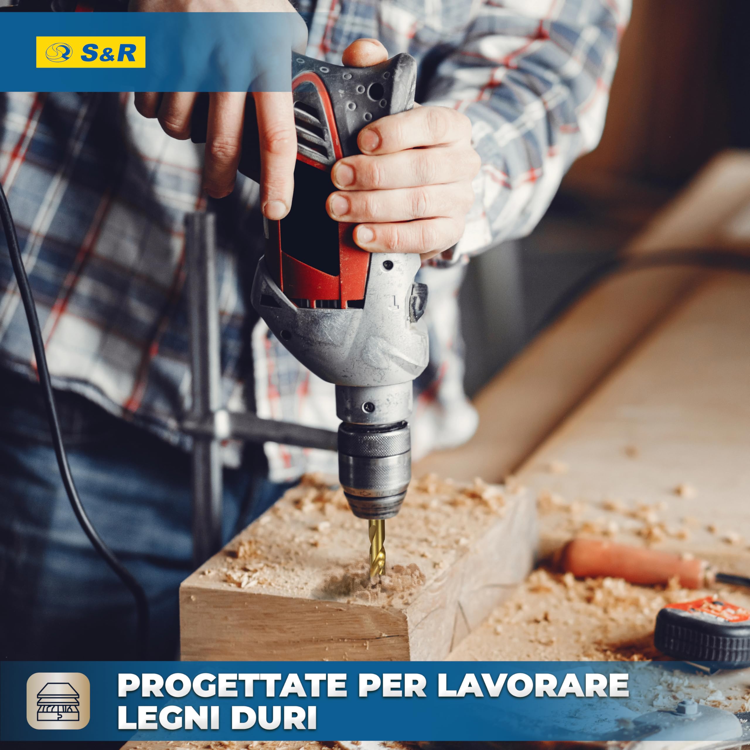 S&R Set 25 Punte Trapano Legno da 1 a 13 mm. Punte in Acciaio HSS 4241, Rivestimento Tin, per Fori Tondi Precisi. Accatto Cilindrico. Per Legno Massiccio, Lamellare, Truciolare con Scatola di Metallo.