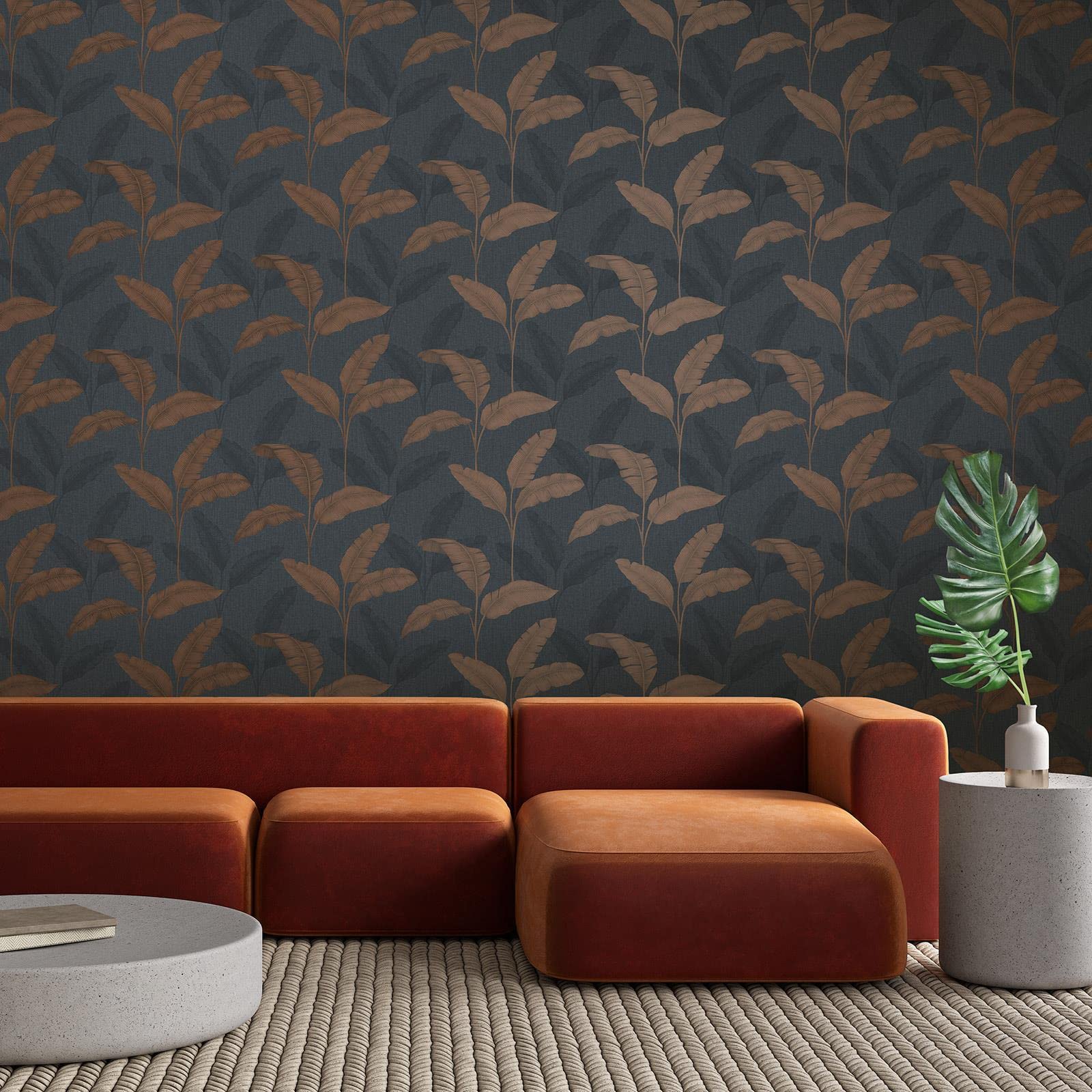 Brown Navy Blue Wallpaper Tropical Palm Leaf Leaves Feature Wall Rust Effect